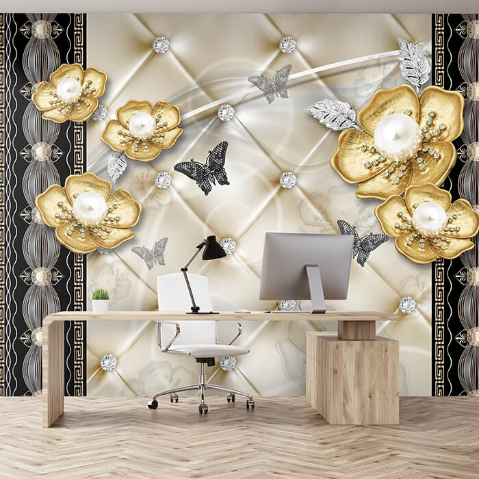 Fototapete Goldenen Blumen Silber Schmetterlinge M6129 - Bild 1 Fototapete Goldenen Blumen Silber Schmetterlinge M6129 - Bild 1