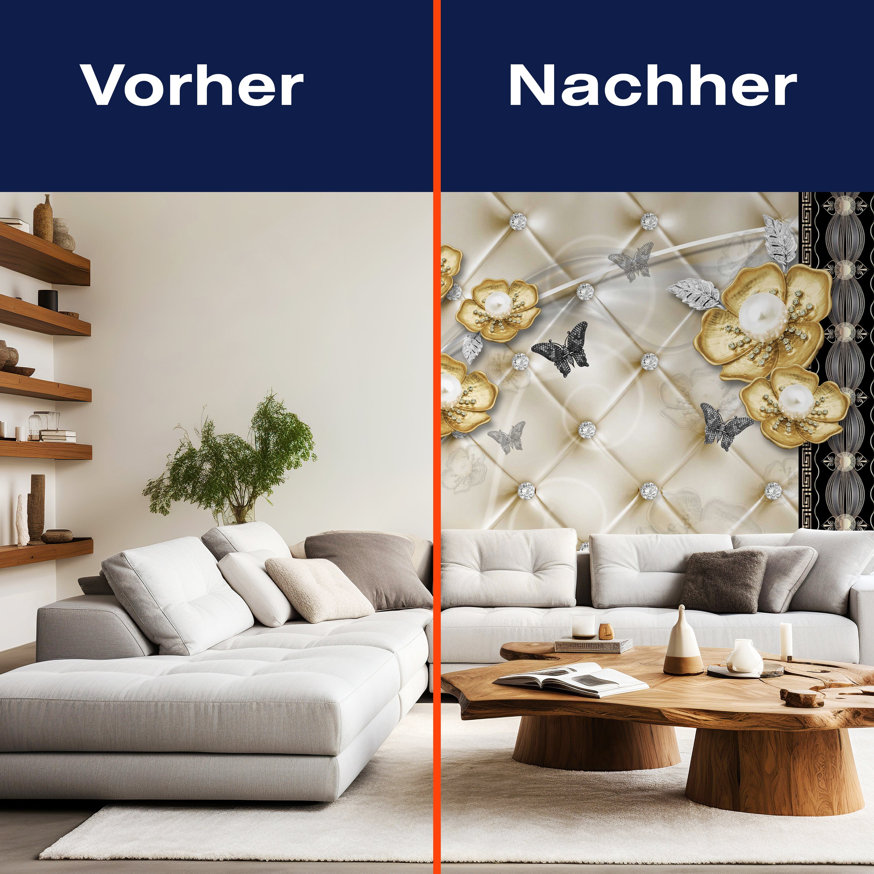 Fototapete Goldenen Blumen Silber Schmetterlinge M6129 - Bild 9 Fototapete Goldenen Blumen Silber Schmetterlinge M6129 - Bild 9