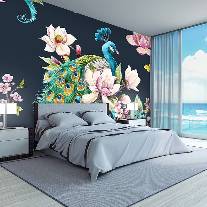 Fototapete Pfau Kunst Aquarell Blumen M6582 - Bild 1 Fototapete Pfau Kunst Aquarell Blumen M6582 - Bild 1