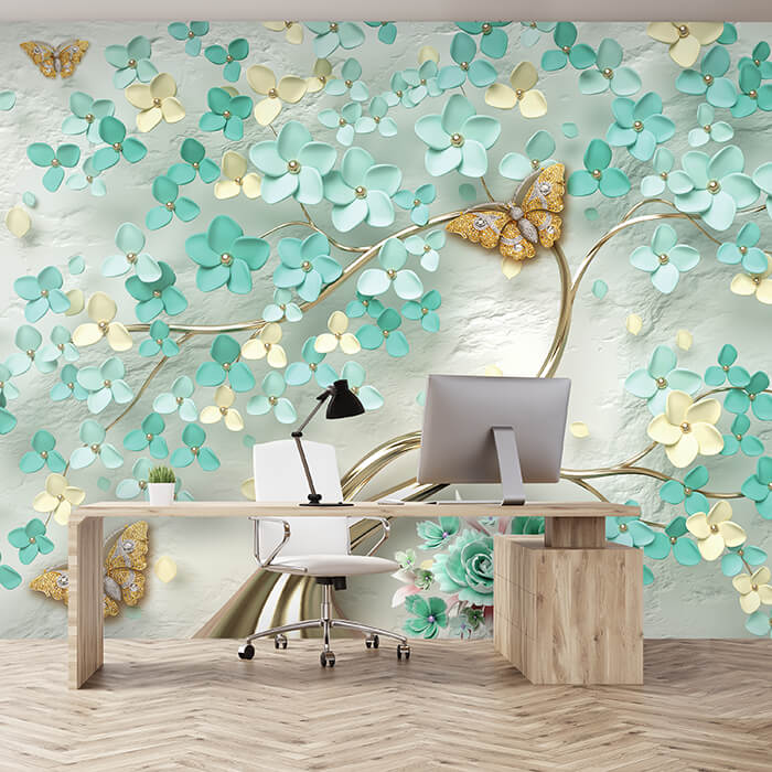 Fototapete Blütenbaum Schmetterlinge türkis M6610 - Bild 1 Fototapete Blütenbaum Schmetterlinge türkis M6610 - Bild 1