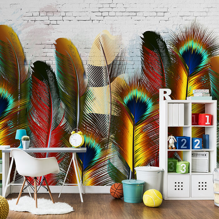Fototapete bunte Federn Steinwand M6640 - Bild 1 Fototapete bunte Federn Steinwand M6640 - Bild 1