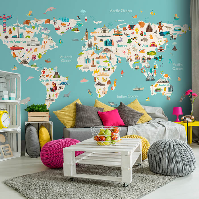 Fototapete bunte Weltkarte Kinder Figuren Atlas M6657 - Bild 1 Fototapete bunte Weltkarte Kinder Figuren Atlas M6657 - Bild 1