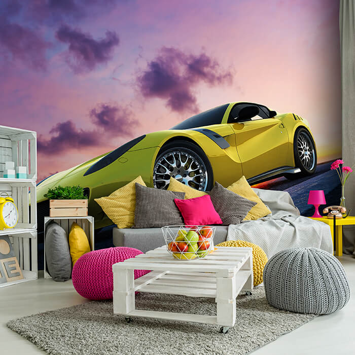 Fototapete gelber Sportwagen Straße M6729 - Bild 1 Fototapete gelber Sportwagen Straße M6729 - Bild 1