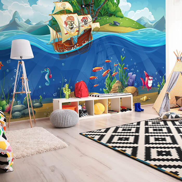 Fototapete Boot Piratenflagge Fische Meer M6874 - Bild 1 Fototapete Boot Piratenflagge Fische Meer M6874 - Bild 1