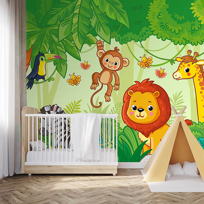 Fototapete Löwe Zebra Giraffe Palme M6876 - Bild 1 Fototapete Löwe Zebra Giraffe Palme M6876 - Bild 1