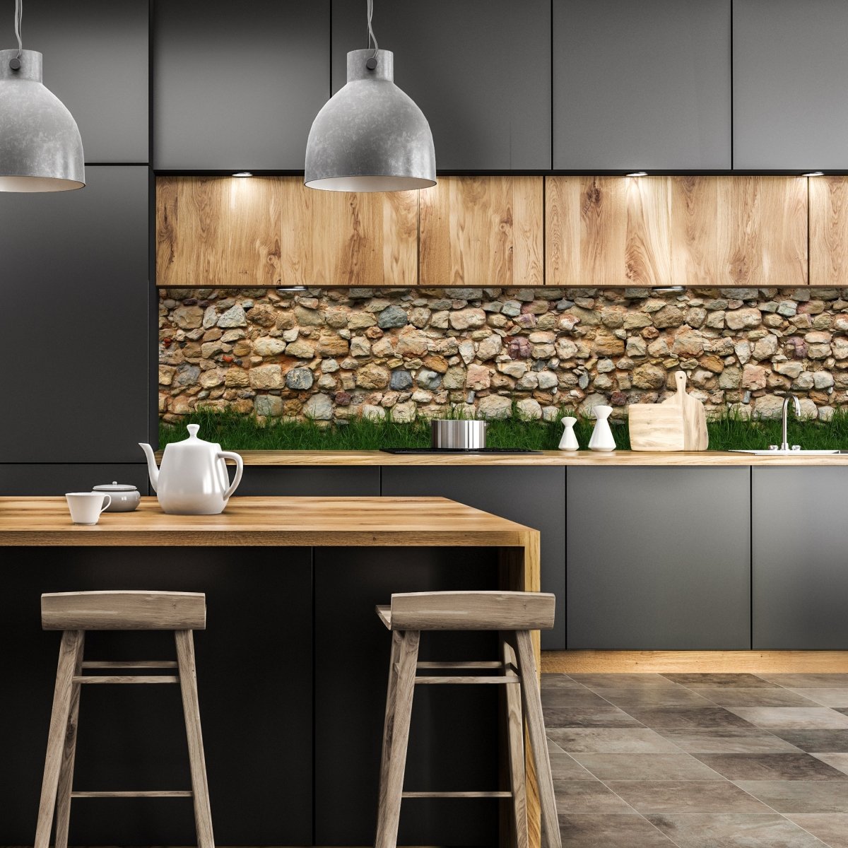 Küchenrückwand Steinmauer mit Gras M0015 entdecken - Bild 1 Küchenrückwand Steinmauer mit Gras M0015 entdecken - Bild 1
