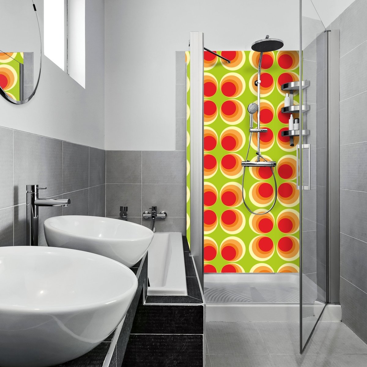 Duschwand Retrokreise Orange Muster M0098 entdecken - Bild 1 Duschwand Retrokreise Orange Muster M0098 entdecken - Bild 1
