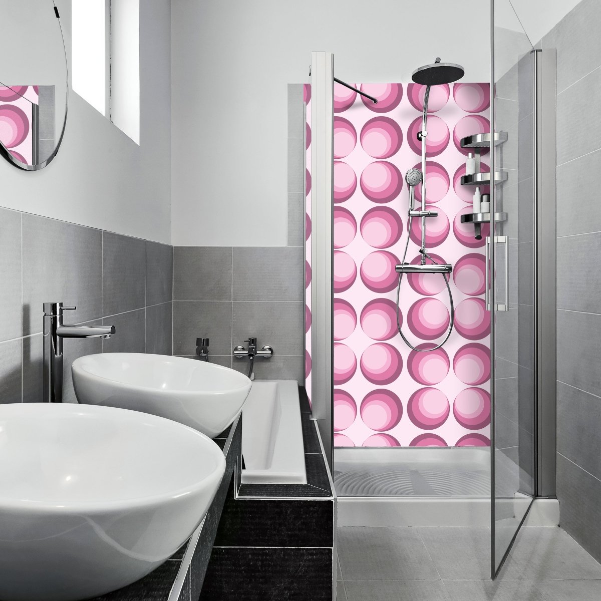 Duschwand Retrokreise Rosa Muster M0101 entdecken - Bild 1 Duschwand Retrokreise Rosa Muster M0101 entdecken - Bild 1
