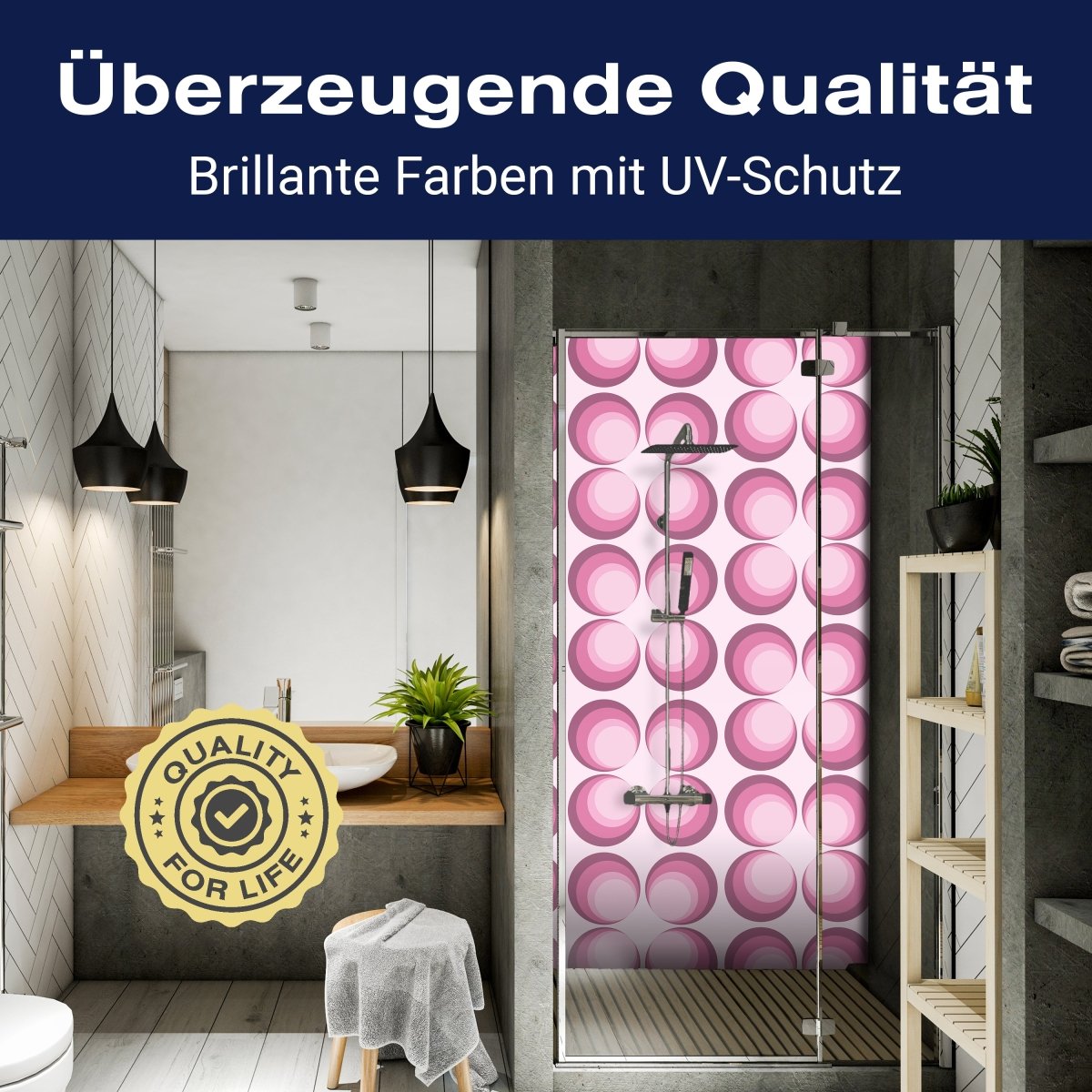 Duschwand Retrokreise Rosa Muster M0101 entdecken - Bild 2 Duschwand Retrokreise Rosa Muster M0101 entdecken - Bild 2