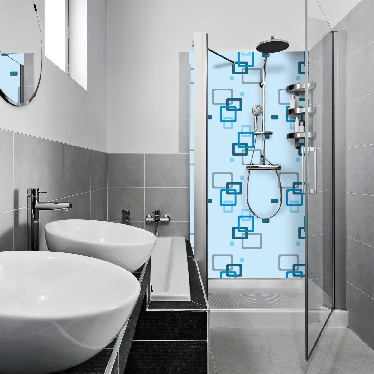 Duschwand Retrokästchen hellblau Muster M0103 entdecken - Bild 1 Duschwand Retrokästchen hellblau Muster M0103 entdecken - Bild 1