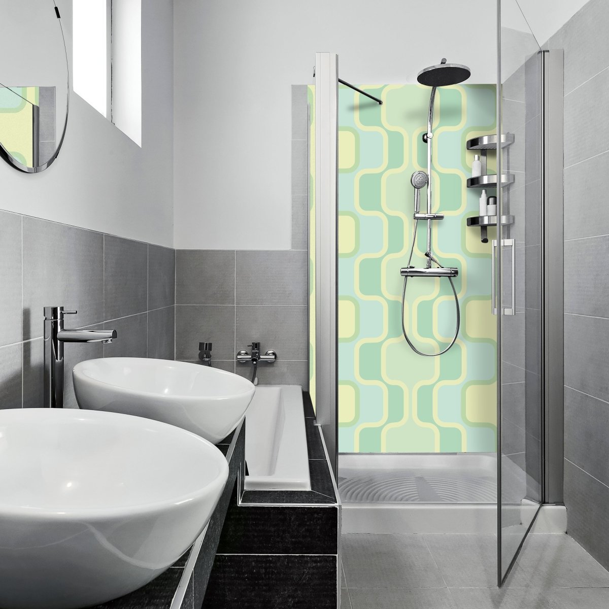 Duschwand Retromuster Pastellgrün Muster M0109 entdecken - Bild 1 Duschwand Retromuster Pastellgrün Muster M0109 entdecken - Bild 1