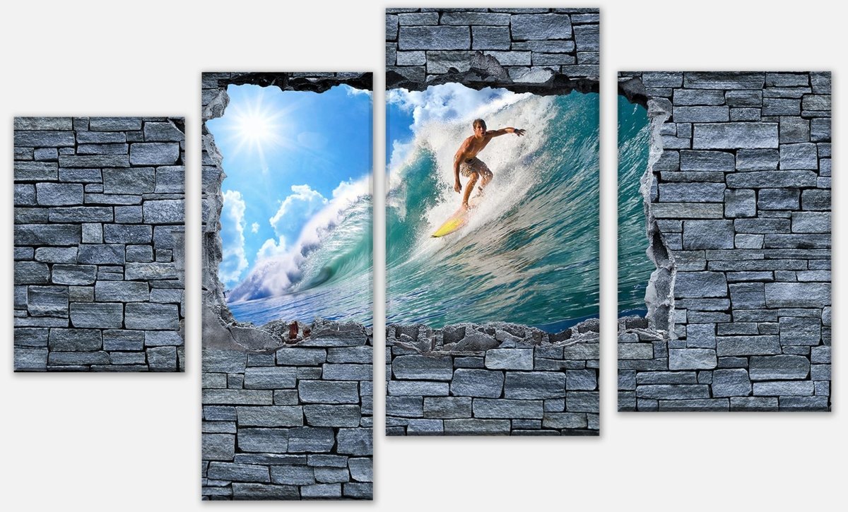 Leinwandbild Mehrteiler 3D Surfing- grobe Steinmauer M0644 Leinwandbild Mehrteiler 3D Surfing- grobe Steinmauer M0644