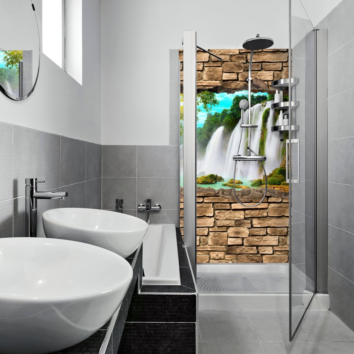 Duschwand 3D Wasserfall - Steinmauer M0645 entdecken - Bild 1 Duschwand 3D Wasserfall - Steinmauer M0645 entdecken - Bild 1