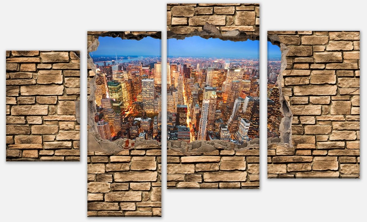 Leinwandbild Mehrteiler 3D Manhattan bei Nacht - Steinmauer M0646 Leinwandbild Mehrteiler 3D Manhattan bei Nacht - Steinmauer M0646