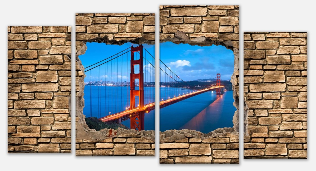 Leinwandbild Mehrteiler 3D Golden Gate Brigde in San Francisco - Steinmauer M0649 Leinwandbild Mehrteiler 3D Golden Gate Brigde in San Francisco - Steinmauer M0649