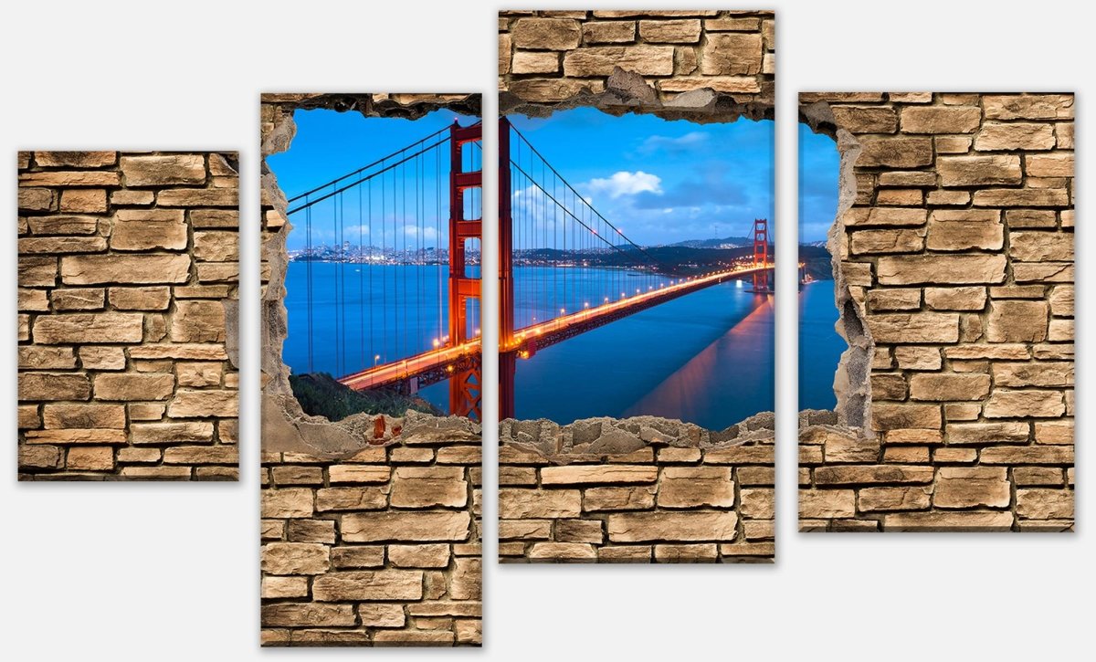 Leinwandbild Mehrteiler 3D Golden Gate Brigde in San Francisco - Steinmauer M0649 Leinwandbild Mehrteiler 3D Golden Gate Brigde in San Francisco - Steinmauer M0649