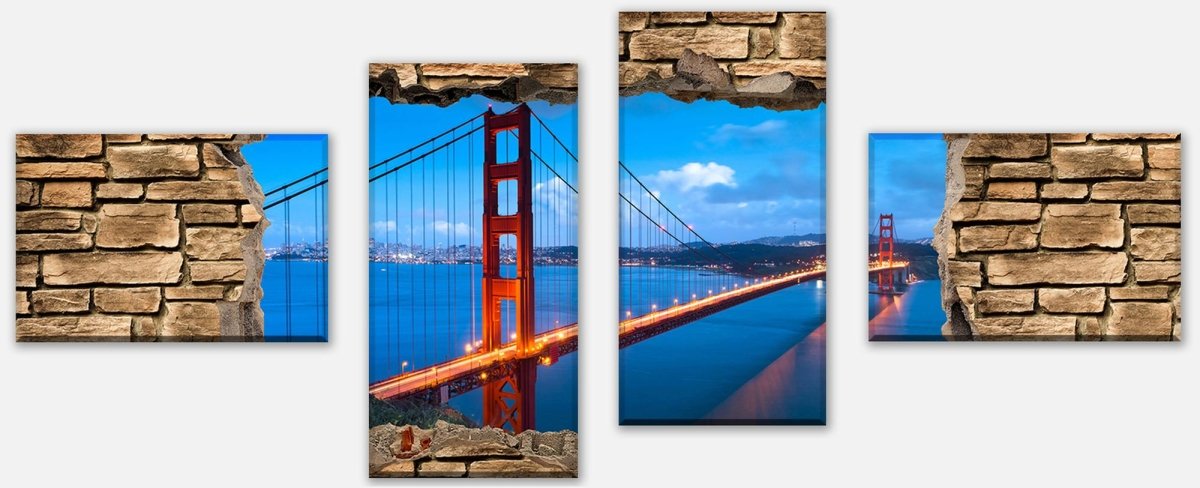 Leinwandbild Mehrteiler 3D Golden Gate Brigde in San Francisco - Steinmauer M0649 Leinwandbild Mehrteiler 3D Golden Gate Brigde in San Francisco - Steinmauer M0649