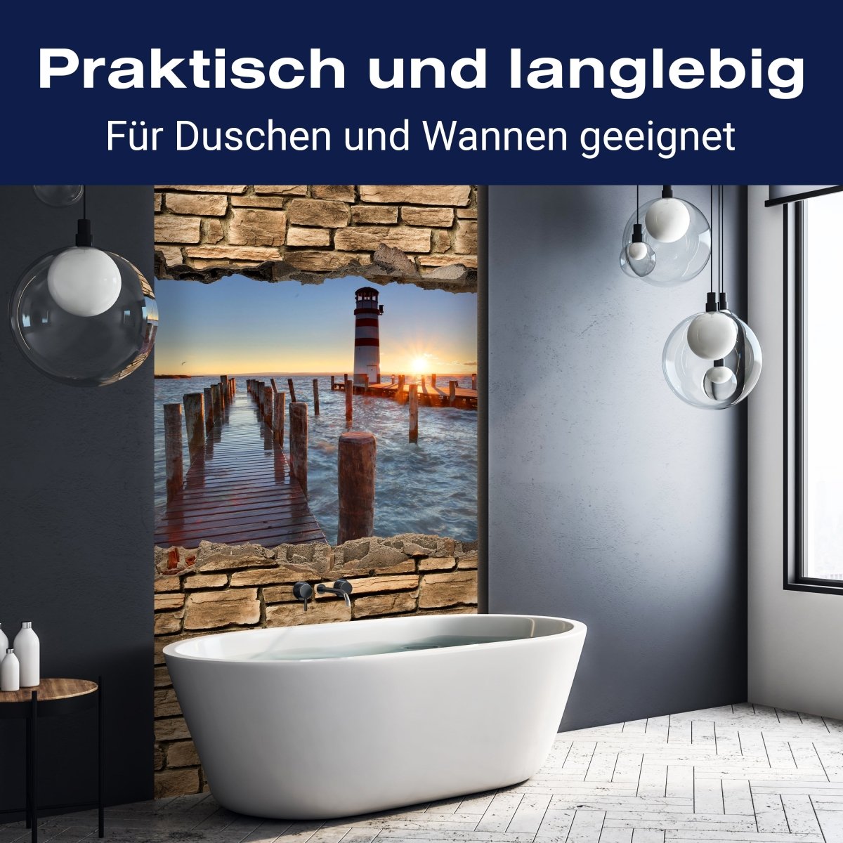 Duschwand 3D Leuchtturm mit Pier - Steinmauer M0651 entdecken - Bild 3 Duschwand 3D Leuchtturm mit Pier - Steinmauer M0651 entdecken - Bild 3