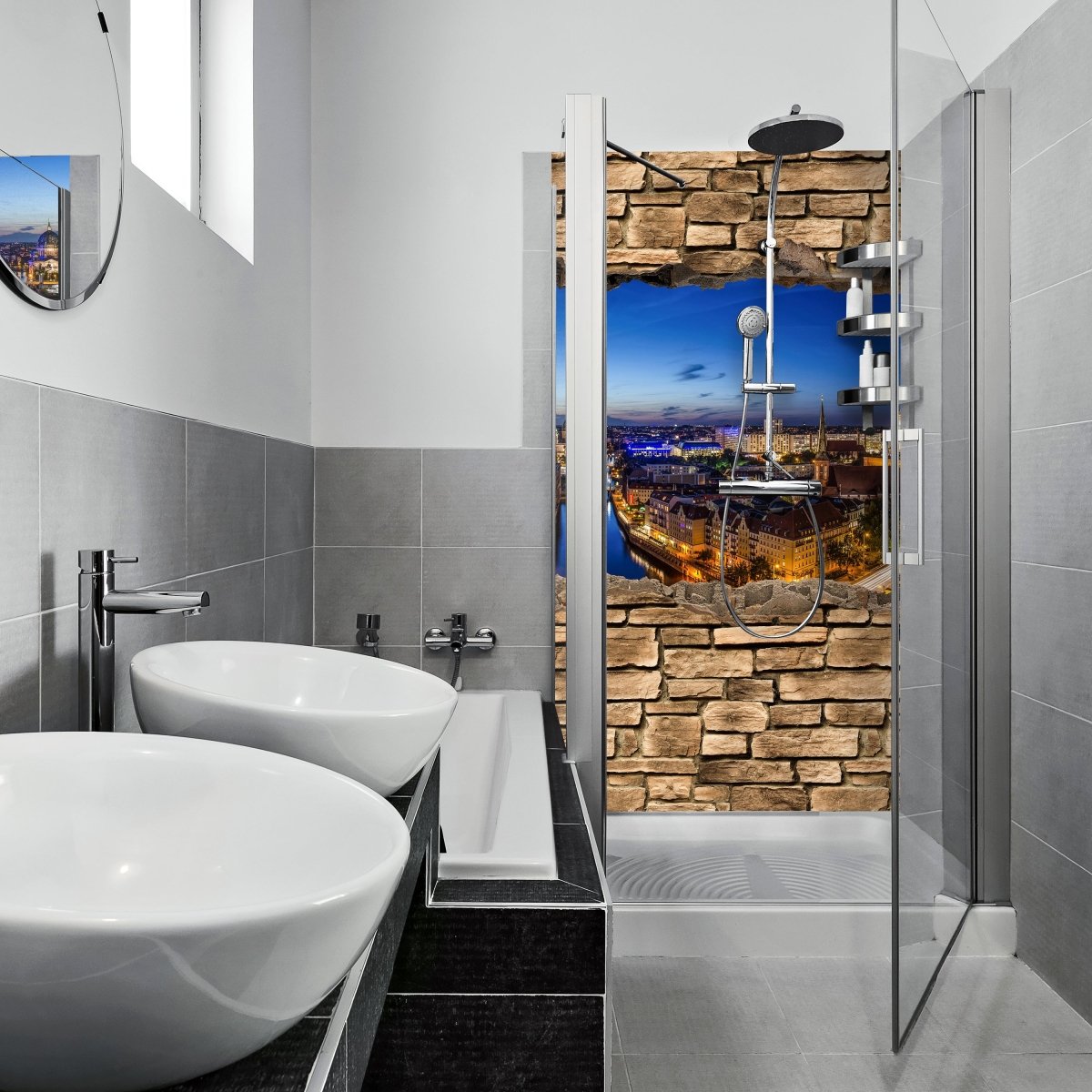 Duschwand 3D Berlin bei Nacht - Steinmauer M0654 entdecken - Bild 1 Duschwand 3D Berlin bei Nacht - Steinmauer M0654 entdecken - Bild 1
