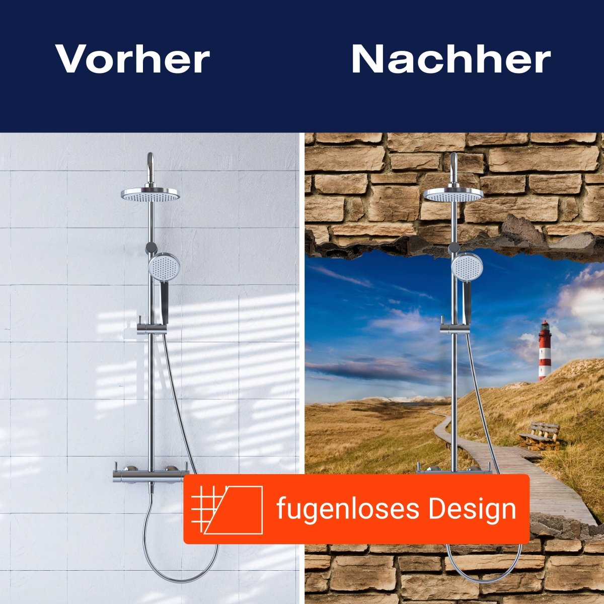 Duschwand 3D Leuchtturm mit Holzweg - Steinmauer M0657 entdecken - Bild 9 Duschwand 3D Leuchtturm mit Holzweg - Steinmauer M0657 entdecken - Bild 9