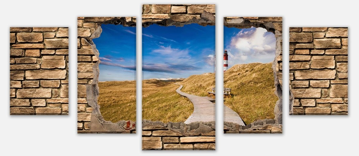 Leinwandbild Mehrteiler 3D Leuchtturm mit Holzweg - Steinmauer M0657 entdecken - Bild 1 Leinwandbild Mehrteiler 3D Leuchtturm mit Holzweg - Steinmauer M0657 entdecken - Bild 1