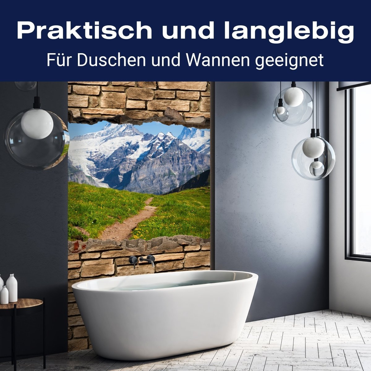 Duschwand 3D Sommerwiese in den Alpen - Steinmauer M0658 entdecken - Bild 3 Duschwand 3D Sommerwiese in den Alpen - Steinmauer M0658 entdecken - Bild 3