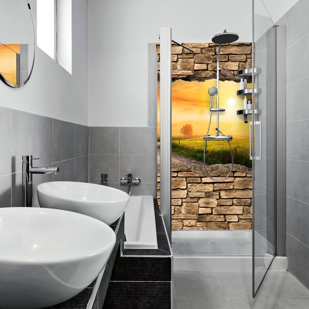 Duschwand 3D Weg im Morgendunst - Steinmauer M0660 entdecken - Bild 1 Duschwand 3D Weg im Morgendunst - Steinmauer M0660 entdecken - Bild 1