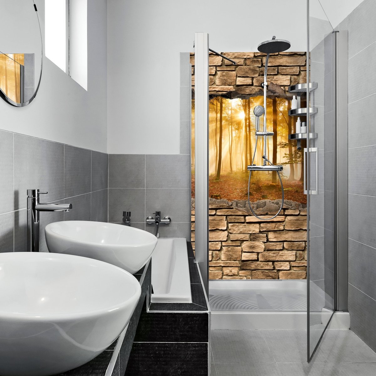 Duschwand 3D Wald am Morgen - Steinmauer M0661 entdecken - Bild 1 Duschwand 3D Wald am Morgen - Steinmauer M0661 entdecken - Bild 1