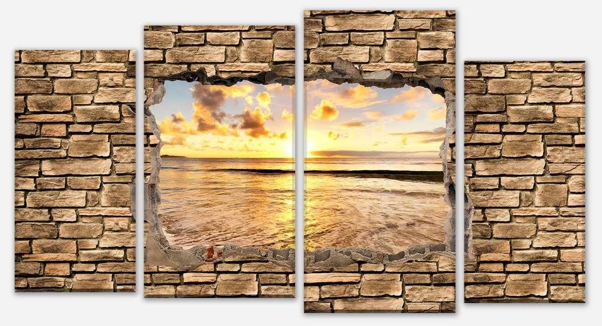 Leinwandbild Mehrteiler 3D Sonnenuntergang am Meer - Steinmauer M0662 Leinwandbild Mehrteiler 3D Sonnenuntergang am Meer - Steinmauer M0662