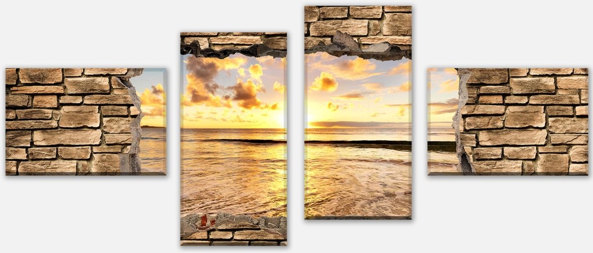 Leinwandbild Mehrteiler 3D Sonnenuntergang am Meer - Steinmauer M0662 Leinwandbild Mehrteiler 3D Sonnenuntergang am Meer - Steinmauer M0662