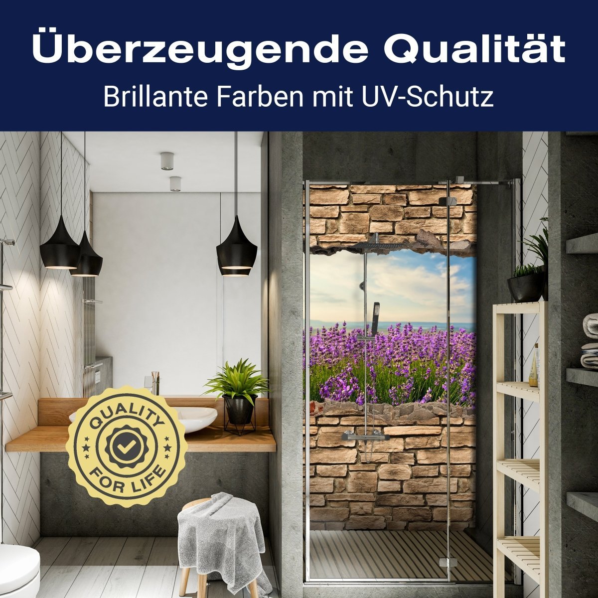 Duschwand 3D Lavendelfeld am Meer - Steinmauer M0663 entdecken - Bild 2 Duschwand 3D Lavendelfeld am Meer - Steinmauer M0663 entdecken - Bild 2