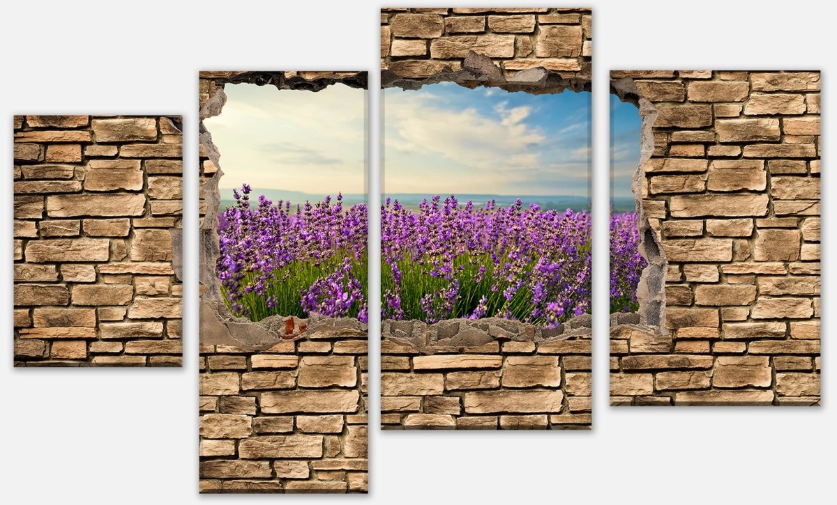 Leinwandbild Mehrteiler 3D Lavendelfeld am Meer - Steinmauer M0663 Leinwandbild Mehrteiler 3D Lavendelfeld am Meer - Steinmauer M0663