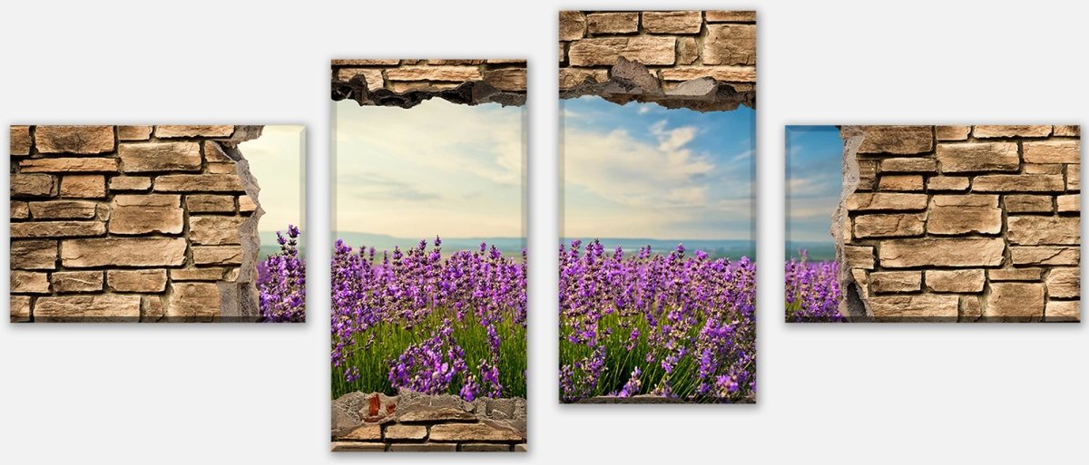 Leinwandbild Mehrteiler 3D Lavendelfeld am Meer - Steinmauer M0663 Leinwandbild Mehrteiler 3D Lavendelfeld am Meer - Steinmauer M0663