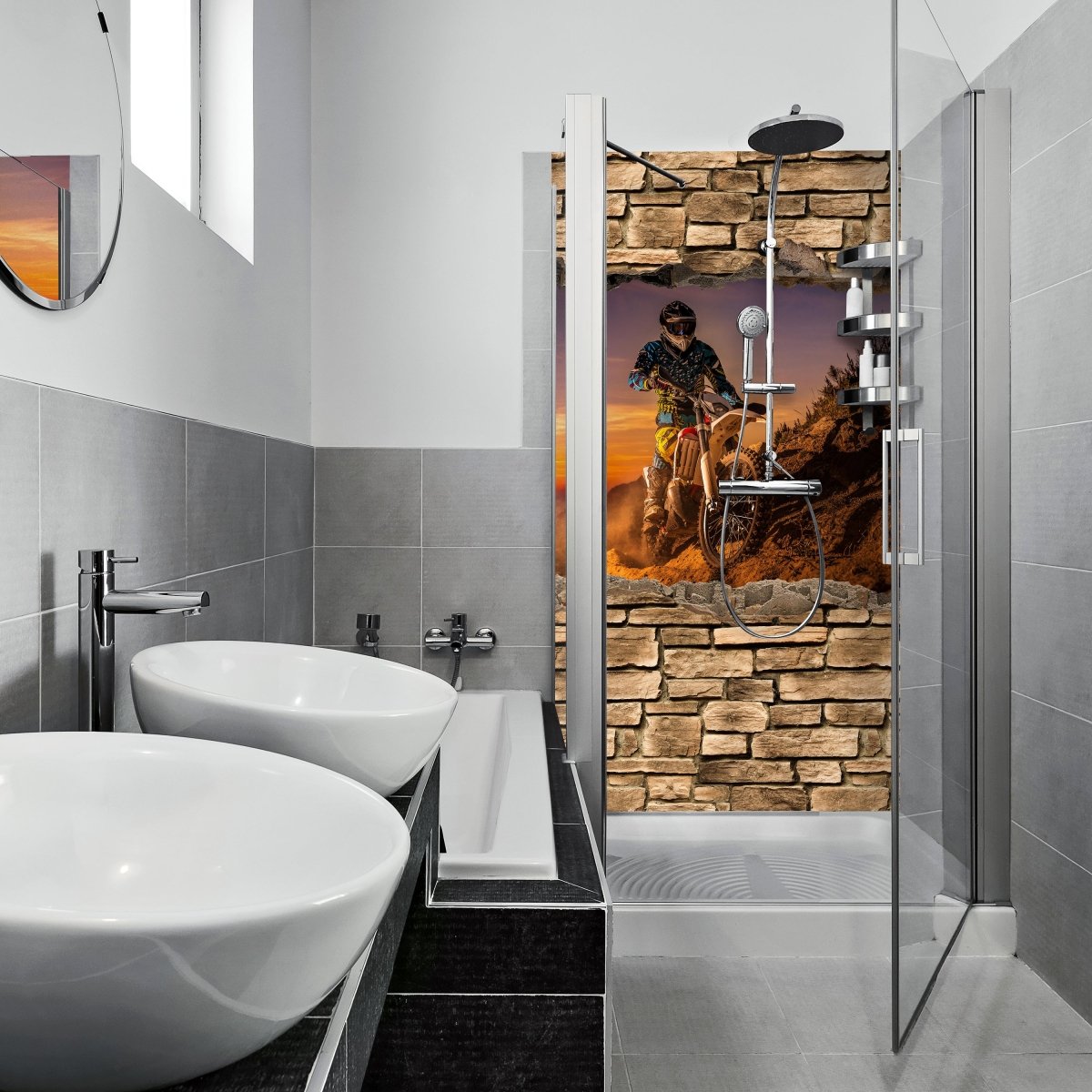 Duschwand 3D Extreme Biker- Steinmauer M0668 entdecken - Bild 1 Duschwand 3D Extreme Biker- Steinmauer M0668 entdecken - Bild 1