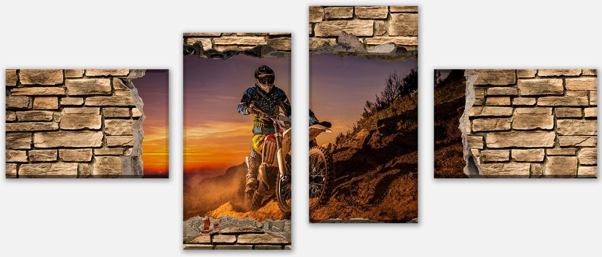 Leinwandbild Mehrteiler 3D Extreme Biker- Steinmauer M0668 Leinwandbild Mehrteiler 3D Extreme Biker- Steinmauer M0668