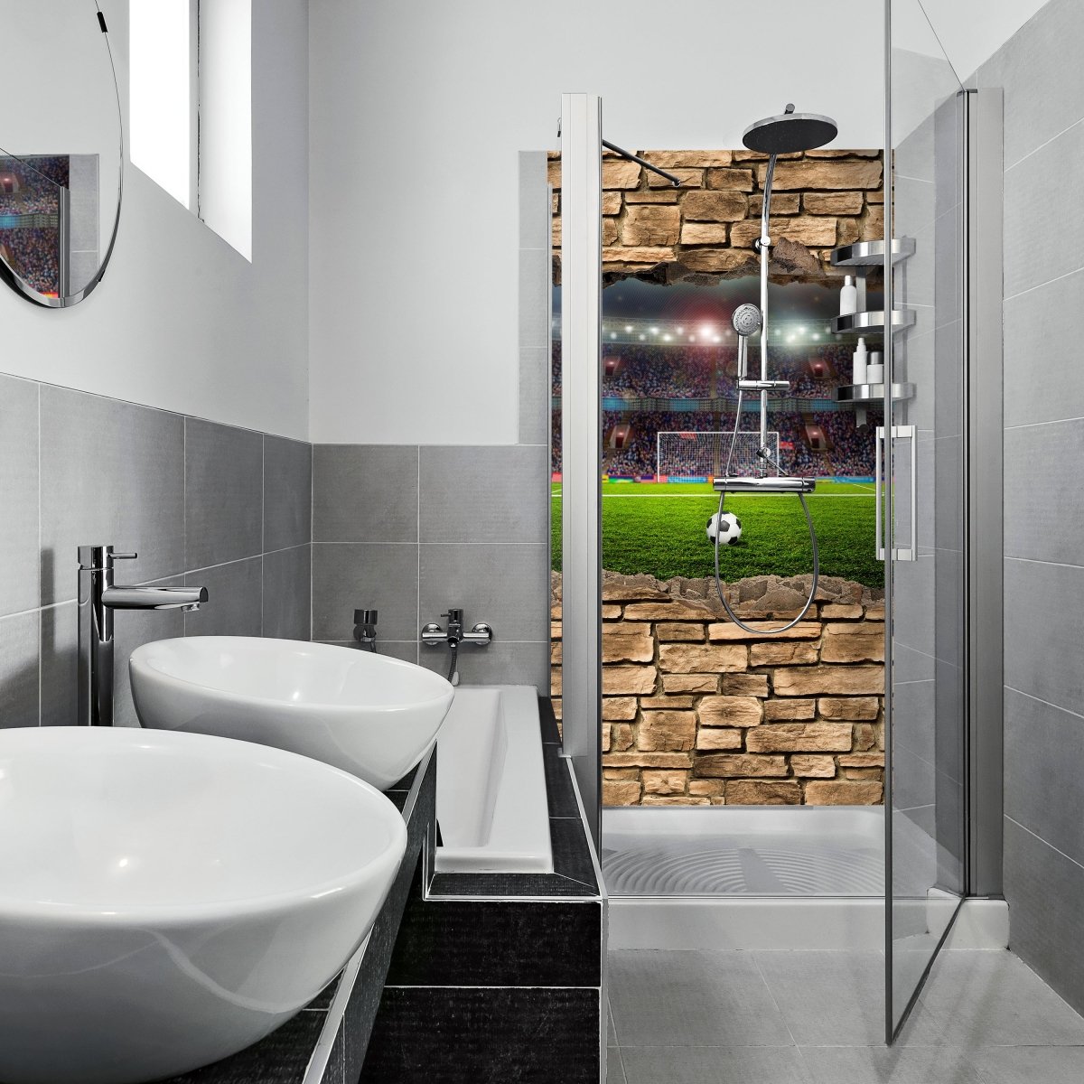 Duschwand 3D Fußballfeld - Steinmauer M0669 entdecken - Bild 1 Duschwand 3D Fußballfeld - Steinmauer M0669 entdecken - Bild 1