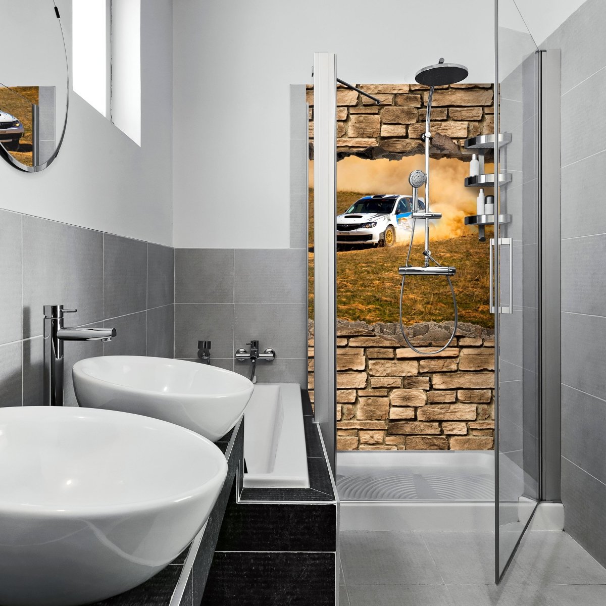 Duschwand 3D Rallye Auto - Steinmauer M0670 entdecken - Bild 1 Duschwand 3D Rallye Auto - Steinmauer M0670 entdecken - Bild 1