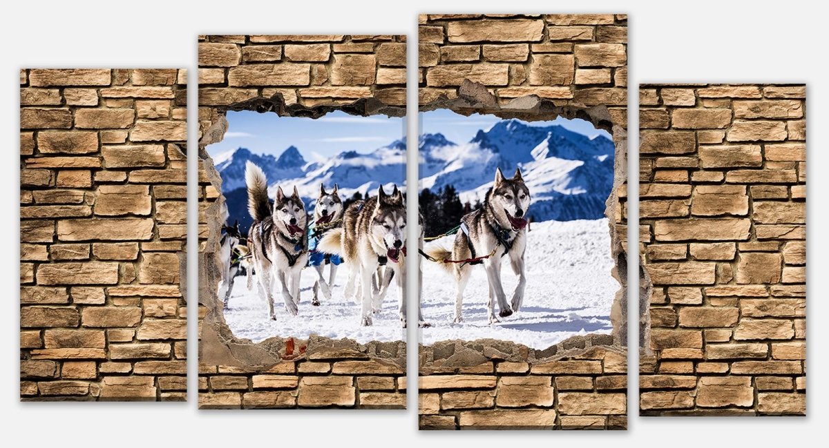 Leinwandbild Mehrteiler 3D Schlittenhunde Racing - Steinmauer M0671 Leinwandbild Mehrteiler 3D Schlittenhunde Racing - Steinmauer M0671
