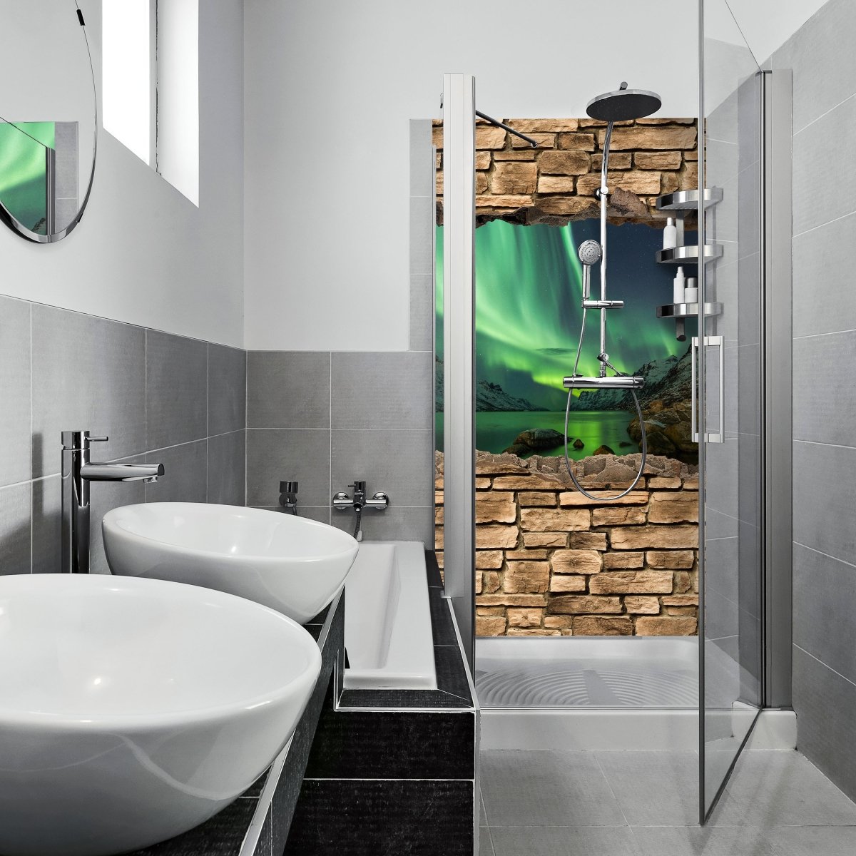 Duschwand 3D Optik - Aurora Borealis Tromsö - Steinmauer M0675 entdecken - Bild 1 Duschwand 3D Optik - Aurora Borealis Tromsö - Steinmauer M0675 entdecken - Bild 1