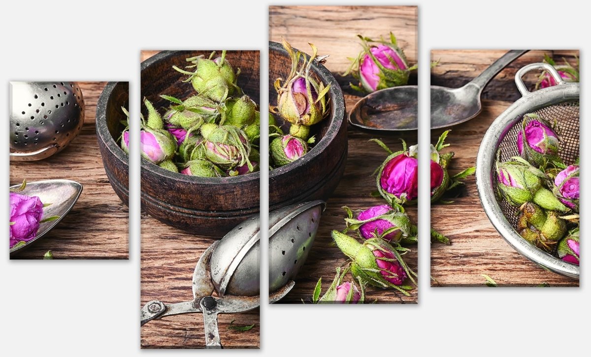 Leinwandbild Mehrteiler Teesieb und Rosenknospen M0851 Leinwandbild Mehrteiler Teesieb und Rosenknospen M0851