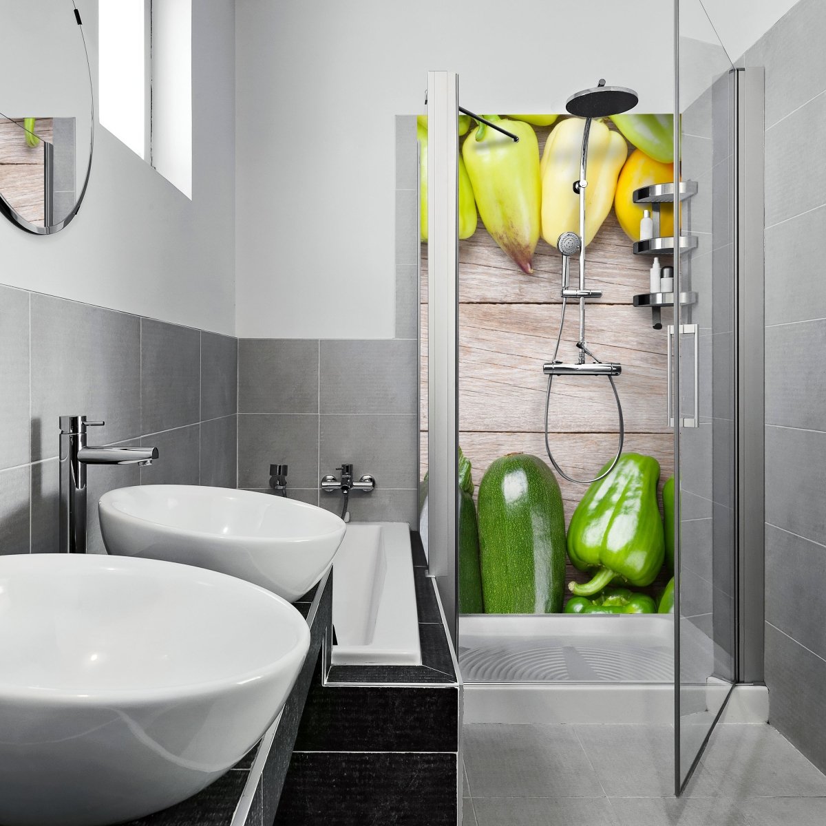 Duschwand Frischgemüse, Holztisch M1012 entdecken - Bild 1 Duschwand Frischgemüse, Holztisch M1012 entdecken - Bild 1