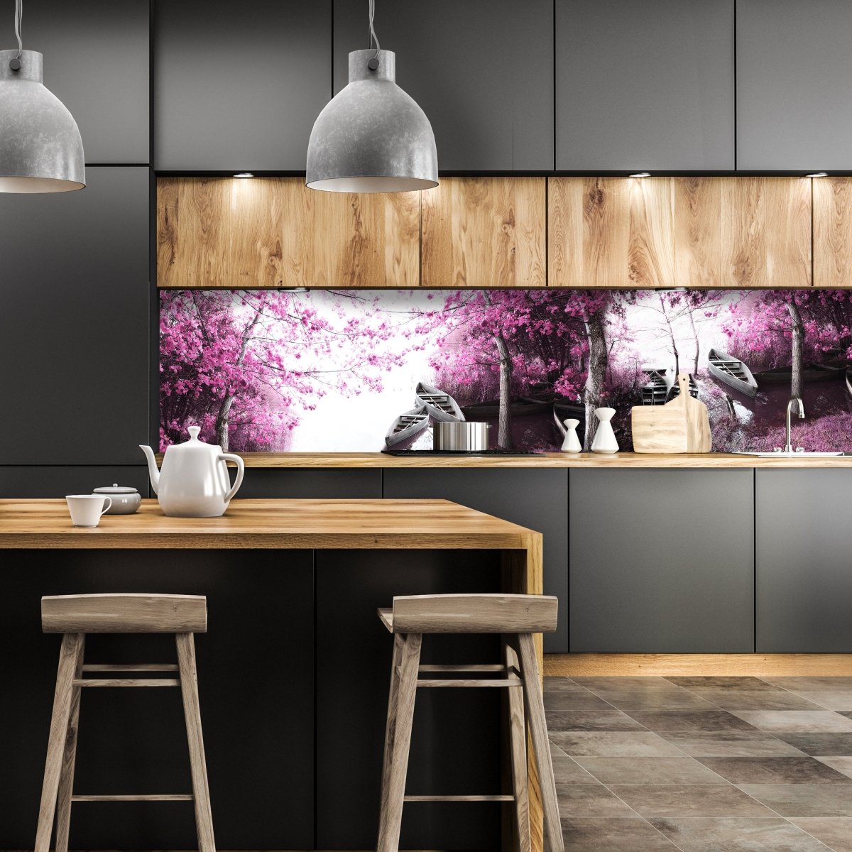 Küchenrückwand Wald rosa Blättern Boote See Ufer M1073 entdecken - Bild 1 Küchenrückwand Wald rosa Blättern Boote See Ufer M1073 entdecken - Bild 1