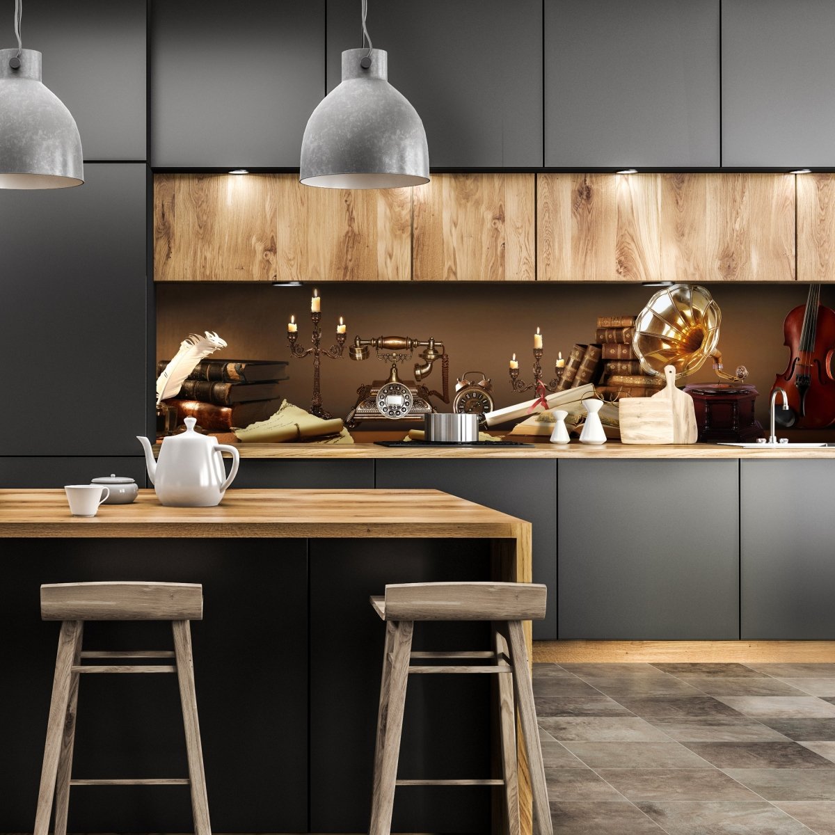 Küchenrückwand Telefon Grammophon alt Bücher Kerzenstän M1121 entdecken - Bild 1 Küchenrückwand Telefon Grammophon alt Bücher Kerzenstän M1121 entdecken - Bild 1