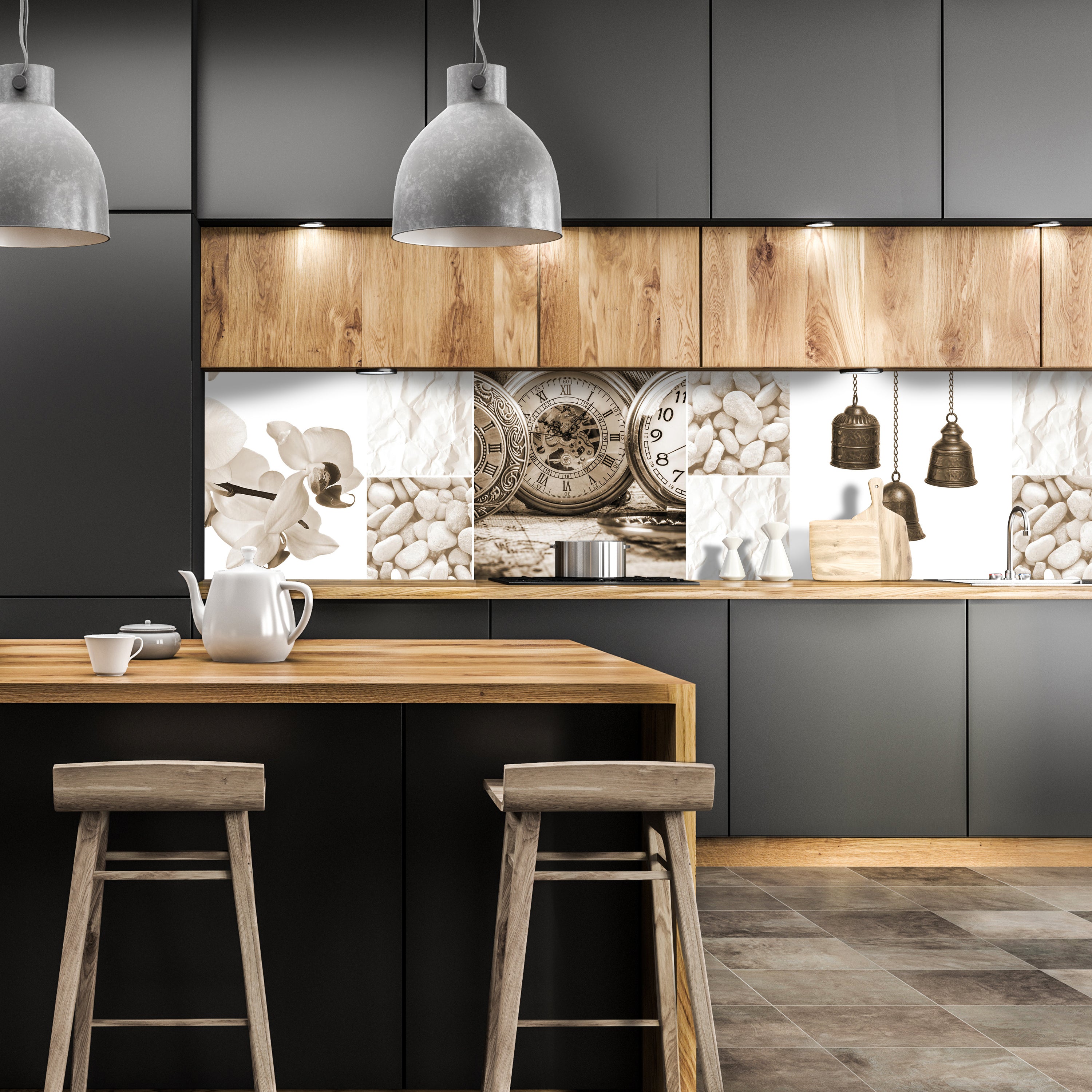 Küchenrückwand Uhren Glocken Steine Blüte Sepia Blumen M1175 entdecken - Bild 1 Küchenrückwand Uhren Glocken Steine Blüte Sepia Blumen M1175 entdecken - Bild 1