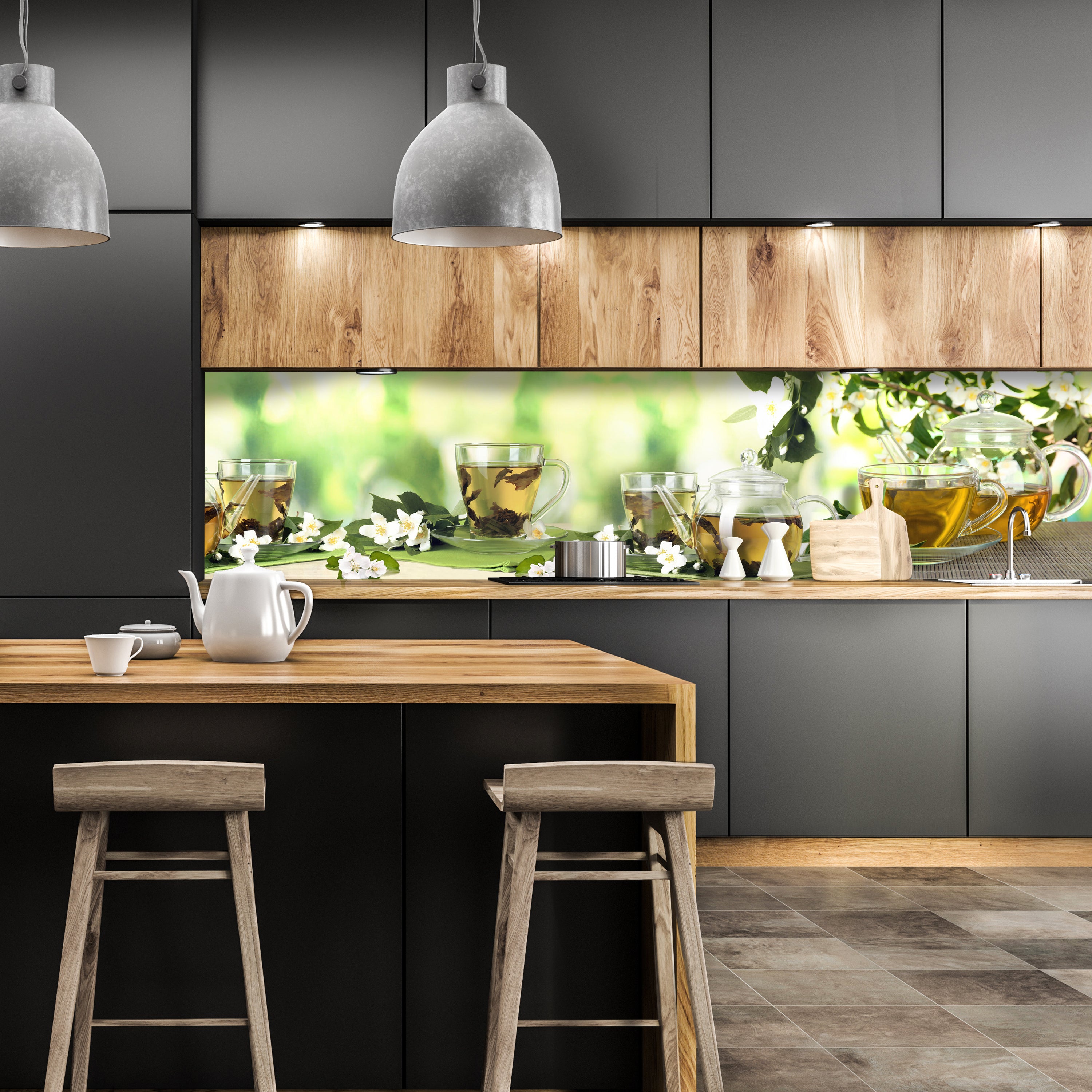 Küchenrückwand Tee Gläser Kanne Blüten Grün Blätter M1200 entdecken - Bild 1 Küchenrückwand Tee Gläser Kanne Blüten Grün Blätter M1200 entdecken - Bild 1