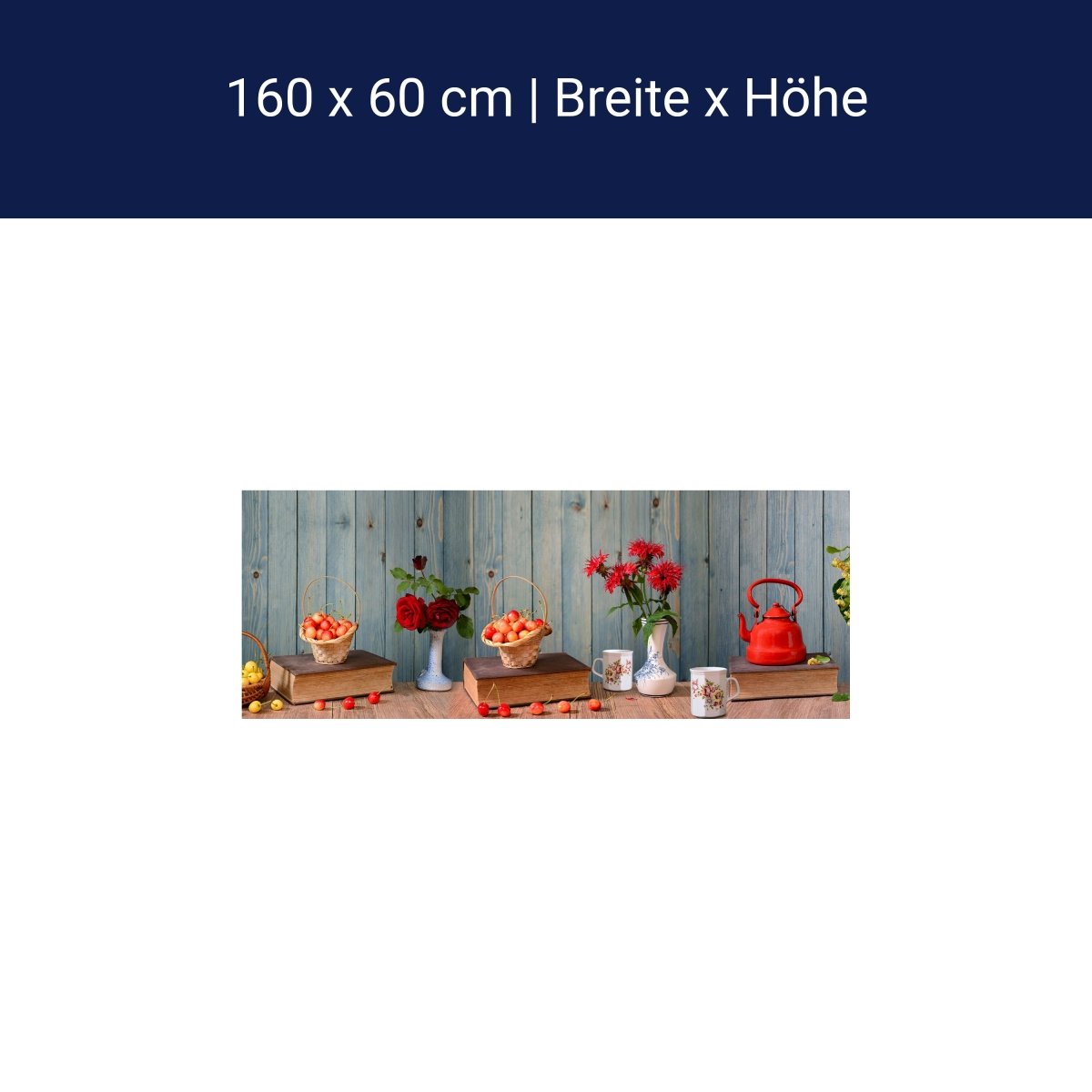 Küchenrückwand Rosen Holz Kanne Kirschen Blüten Gelb M1204 Küchenrückwand Rosen Holz Kanne Kirschen Blüten Gelb M1204