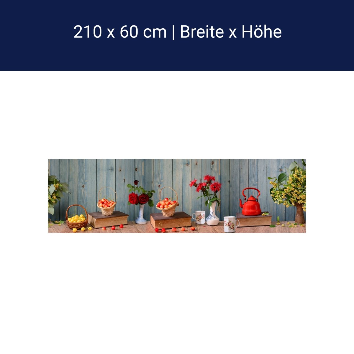 Küchenrückwand Rosen Holz Kanne Kirschen Blüten Gelb M1204 Küchenrückwand Rosen Holz Kanne Kirschen Blüten Gelb M1204