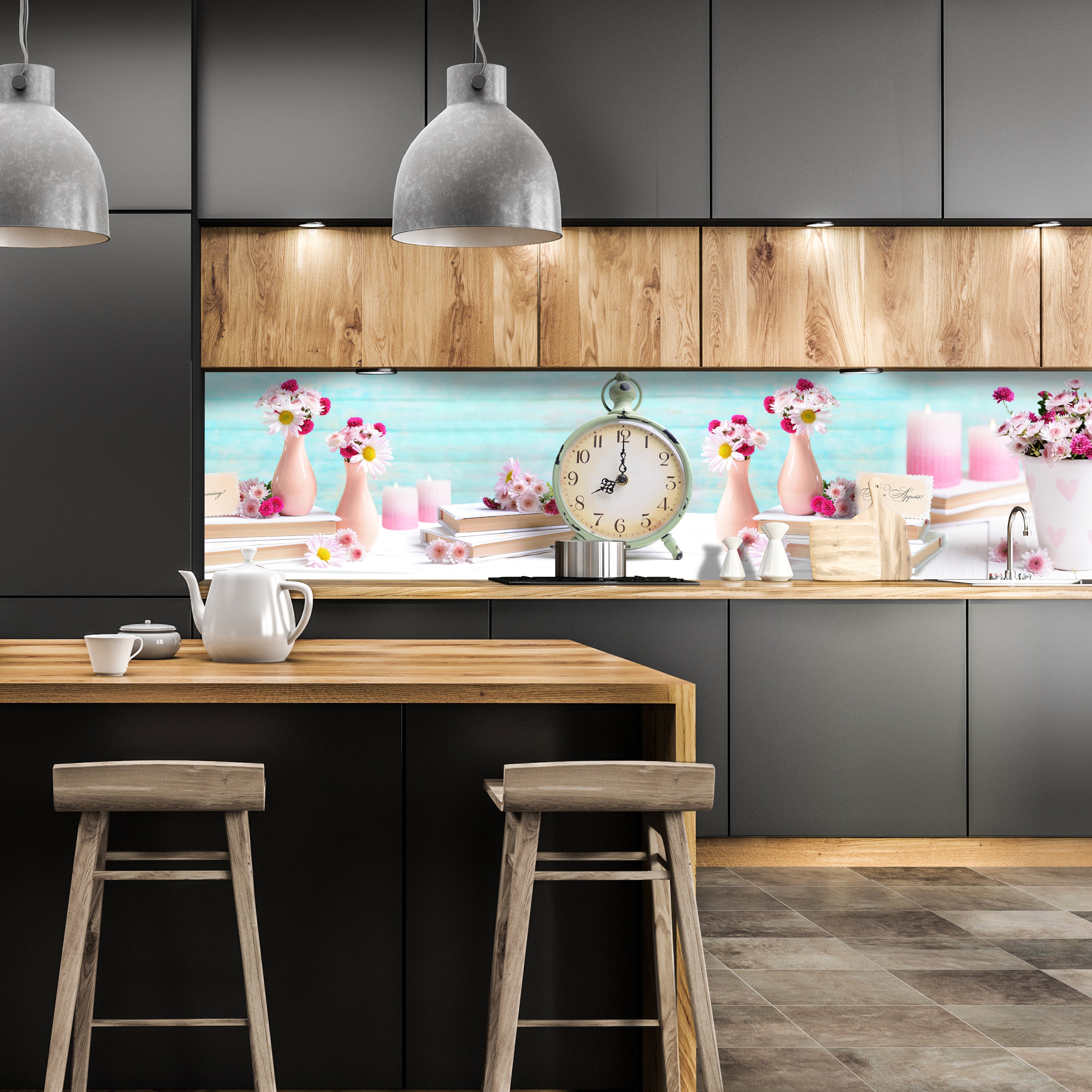 Küchenrückwand Wecker Uhr Blumen Vasen Blüten Bücher M1246 entdecken - Bild 1 Küchenrückwand Wecker Uhr Blumen Vasen Blüten Bücher M1246 entdecken - Bild 1