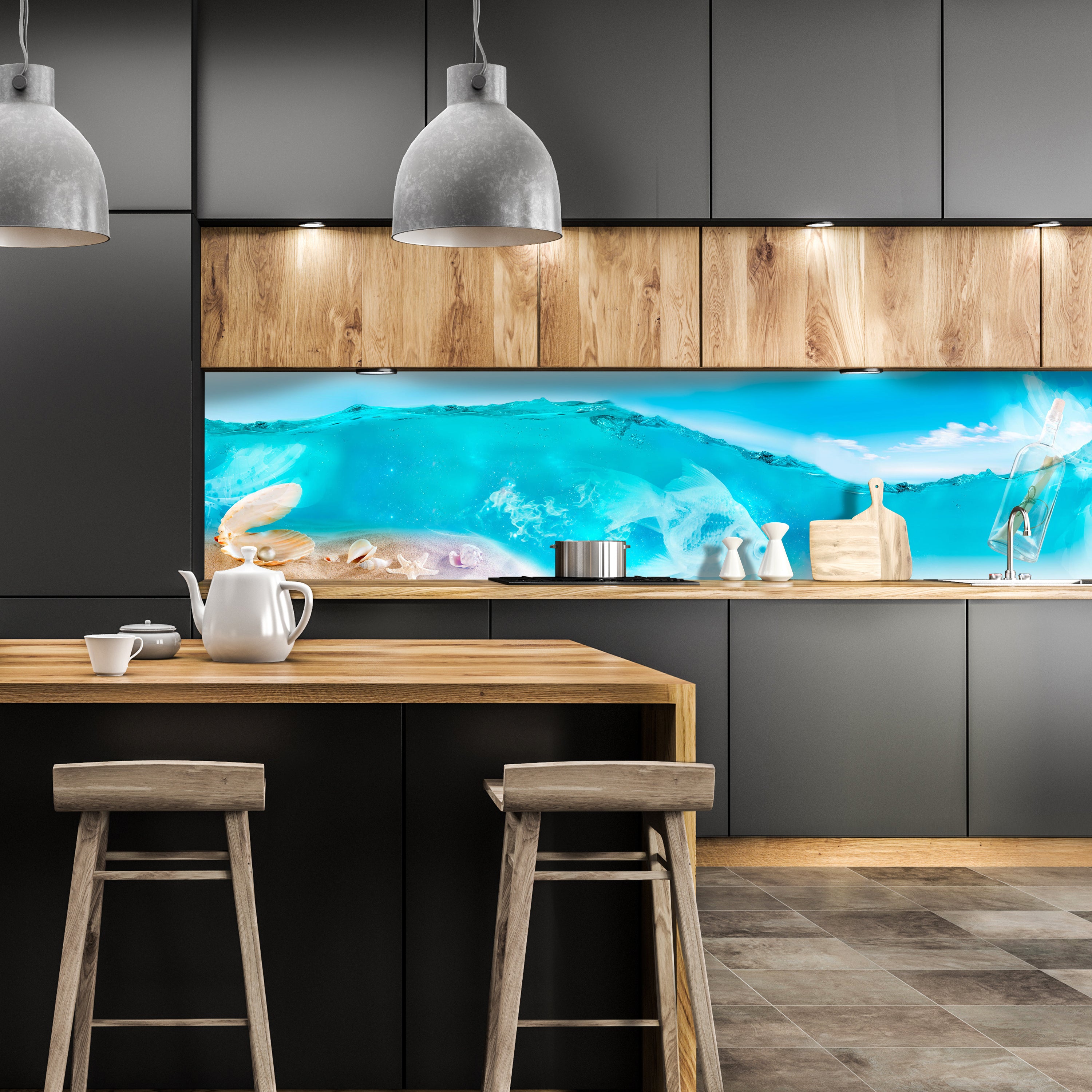 Küchenrückwand Hellblau See Wasser Flaschenpost Muschel M1249 entdecken - Bild 1 Küchenrückwand Hellblau See Wasser Flaschenpost Muschel M1249 entdecken - Bild 1