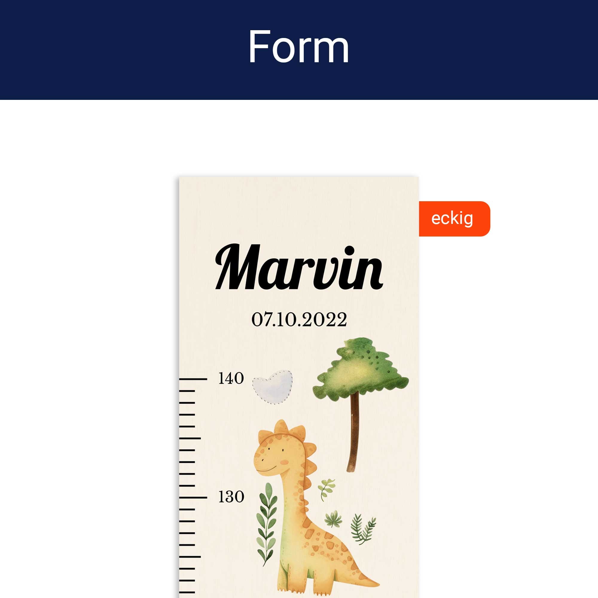 Detailansicht der eckigen Form der personalisierten Messlatte.